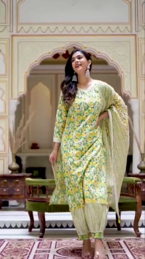Yellow and Green Floral Printed Kurta Set with Matching Dupatta – Vibrant and Fresh Traditional Wear for Casual and Festive Occasions