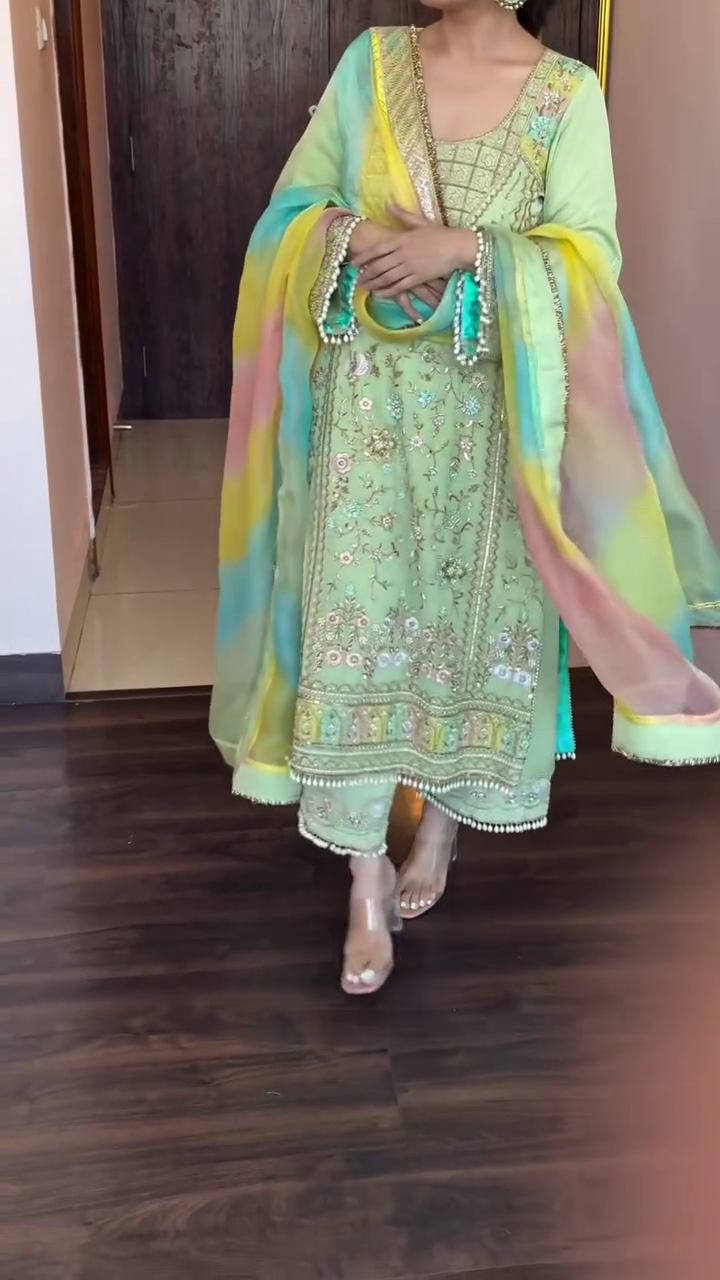 Elegant Pastel Green Embroidered Anarkali Set with Colorful Ombre Dupatta, Perfect for Weddings and Special Occasions