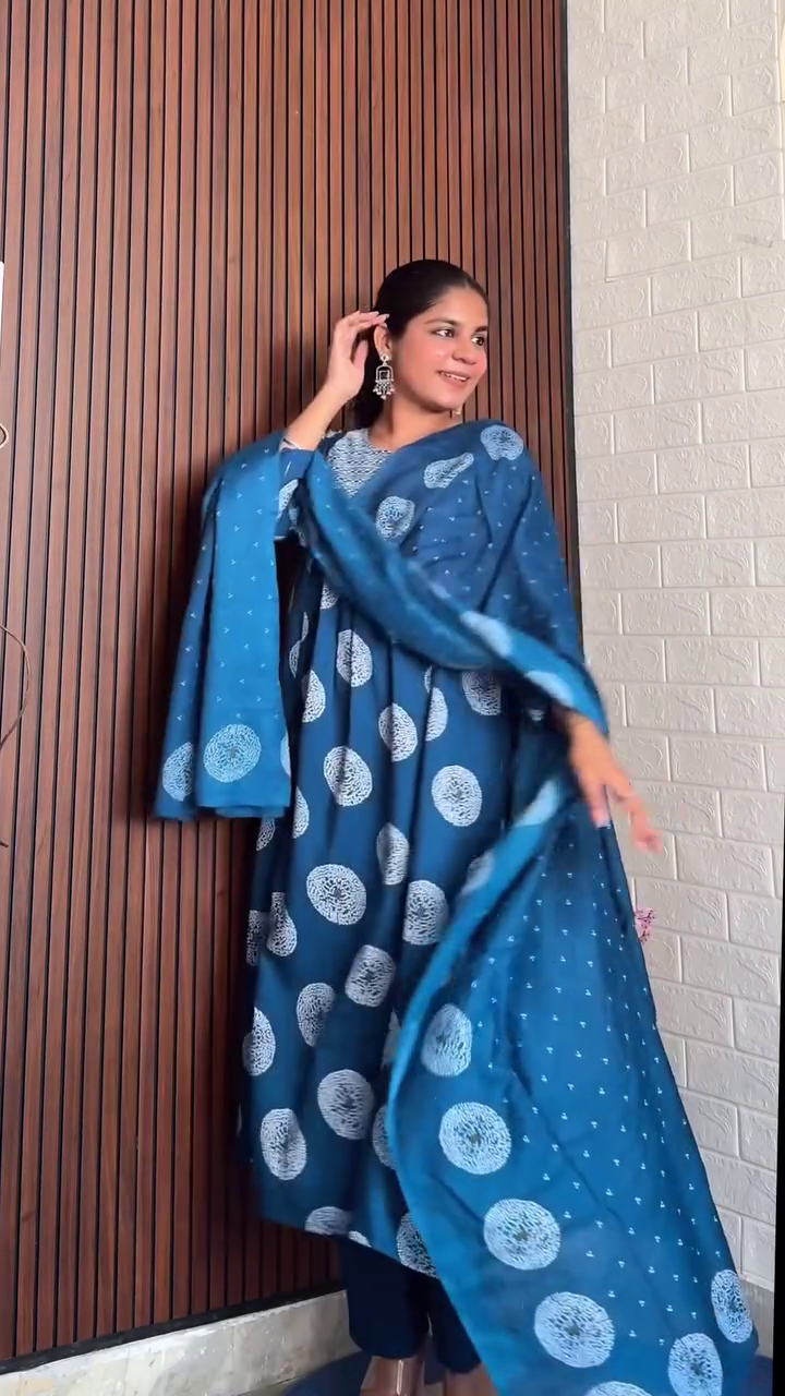 Elegant Handcrafted Anarkali Suit Collection Featuring Vibrant Floral Prints in Mustard Yellow and Classic Block Prints in Deep Blue