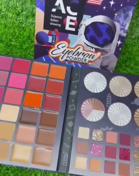 ACE Eyeshadow and Eyebrow Powder Palette – Featuring Bold Reds, Oranges, Neutrals, and Glitters for a Complete Makeup Look