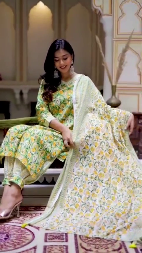 Yellow and Green Floral Printed Kurta Set with Matching Dupatta – Vibrant and Fresh Traditional Wear for Casual and Festive Occasions