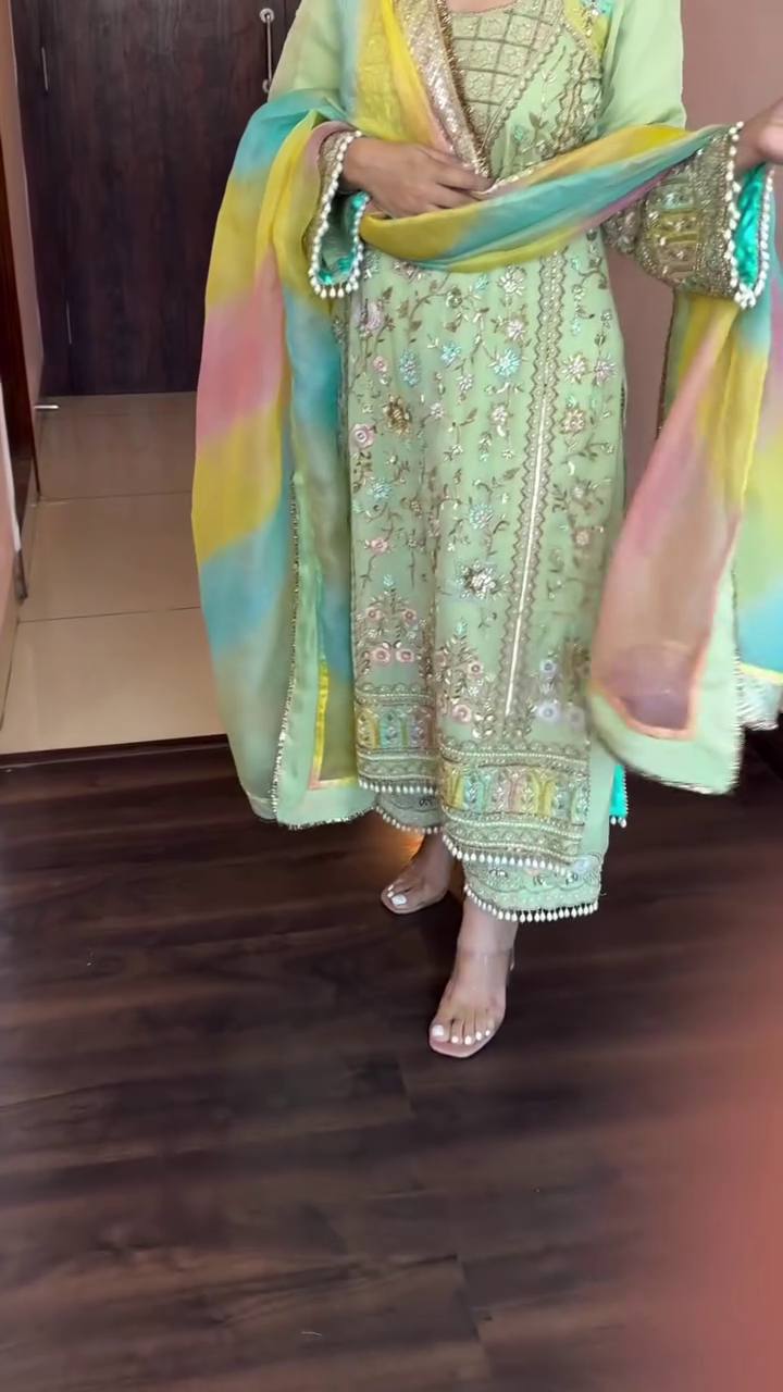 Elegant Pastel Green Embroidered Anarkali Set with Colorful Ombre Dupatta, Perfect for Weddings and Special Occasions