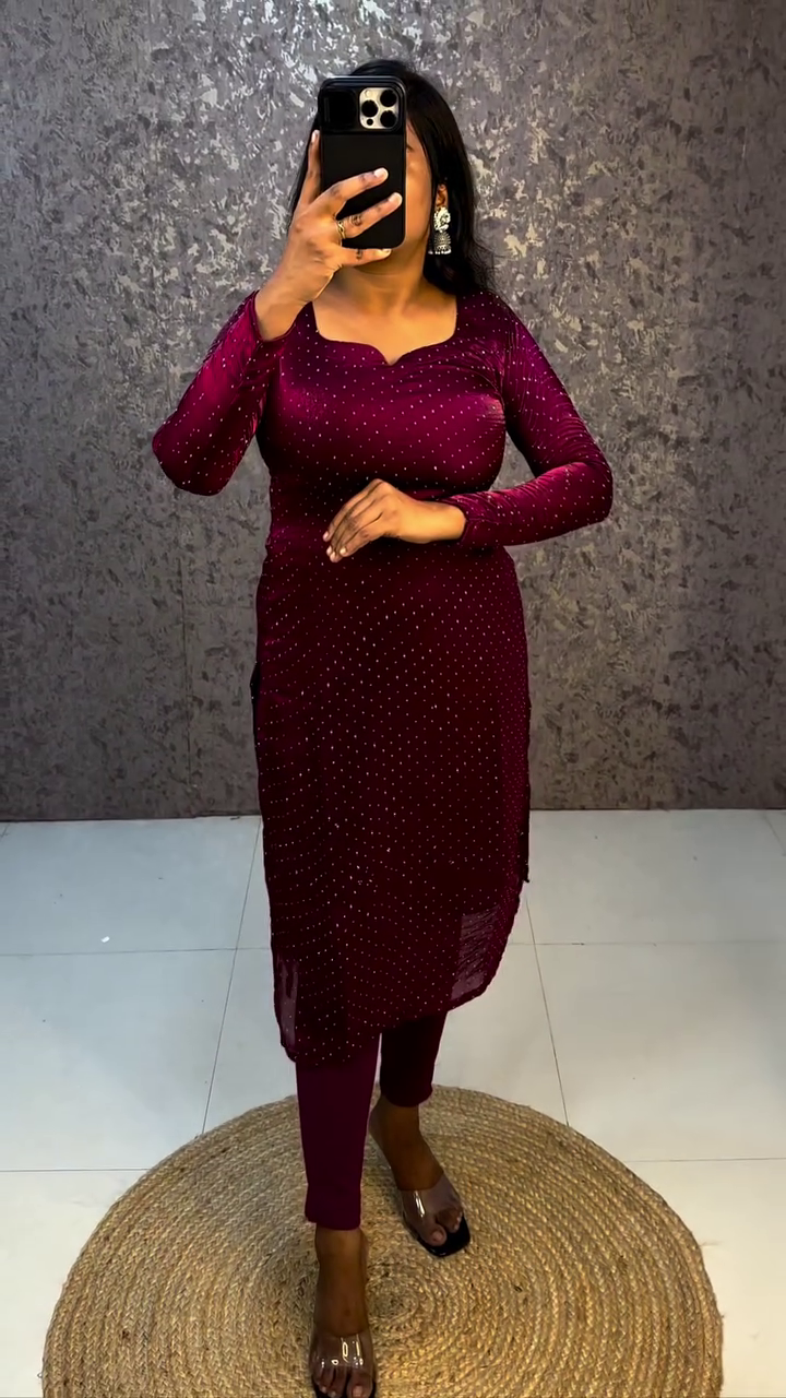 Women’s Stylish Party Wear Velvet Kurti with Leggings Set – Elegant Long Sleeve Designer Straight Cut Salwar Suit with All Over Stone Work for Festive and Casual Occasions