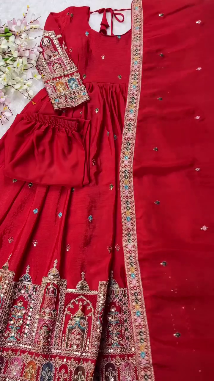 Traditional Red Embroidered Anarkali Set with Detailed Motifs and Contrast-Trimmed Dupatta – Ideal for Weddings and Festive Celebrations
