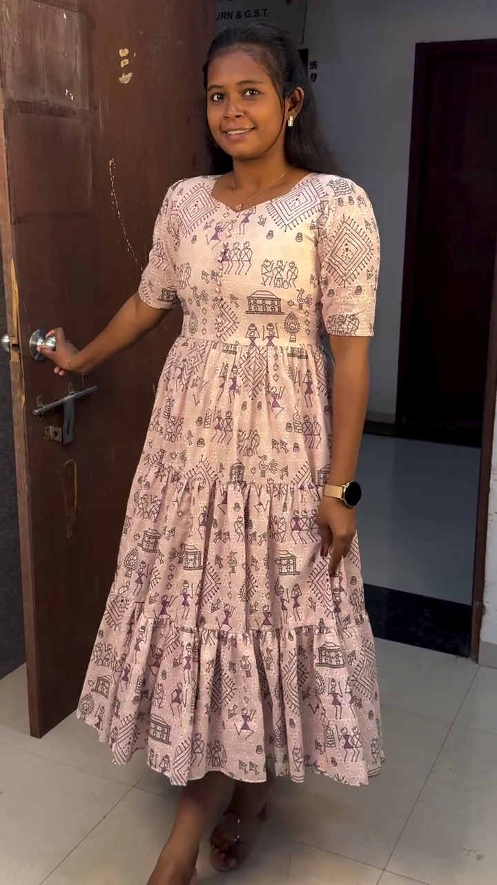 Women’s Stylish Printed Cotton Anarkali Kurti Dress with Warli Art Design – Comfortable Flared Midi Length Gown with Half Sleeves for Casual, Festive and Office Wear