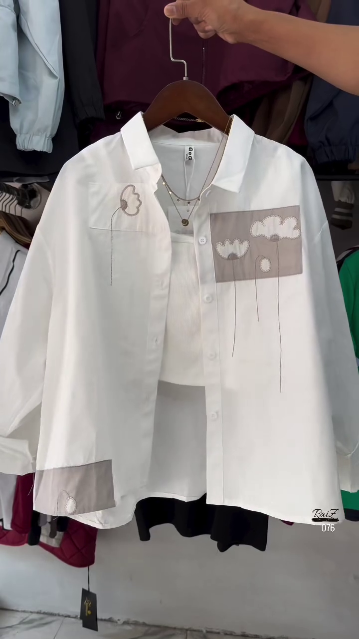 White Cotton Shirt with Abstract Cloud and Floral Embroidery – Casual Oversized Button-Down with Inner Tank Top