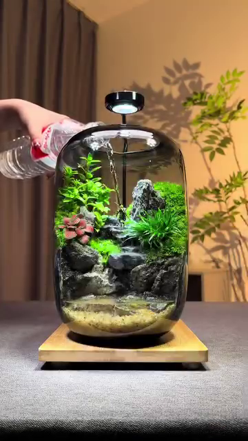 Elegant LED-Lit Desktop Waterfall Terrarium Aquarium – Handcrafted Glass Jar with Lush Aquatic Plants, Realistic Rock Landscaping, and Circulating Water Feature for Home or Office Decor