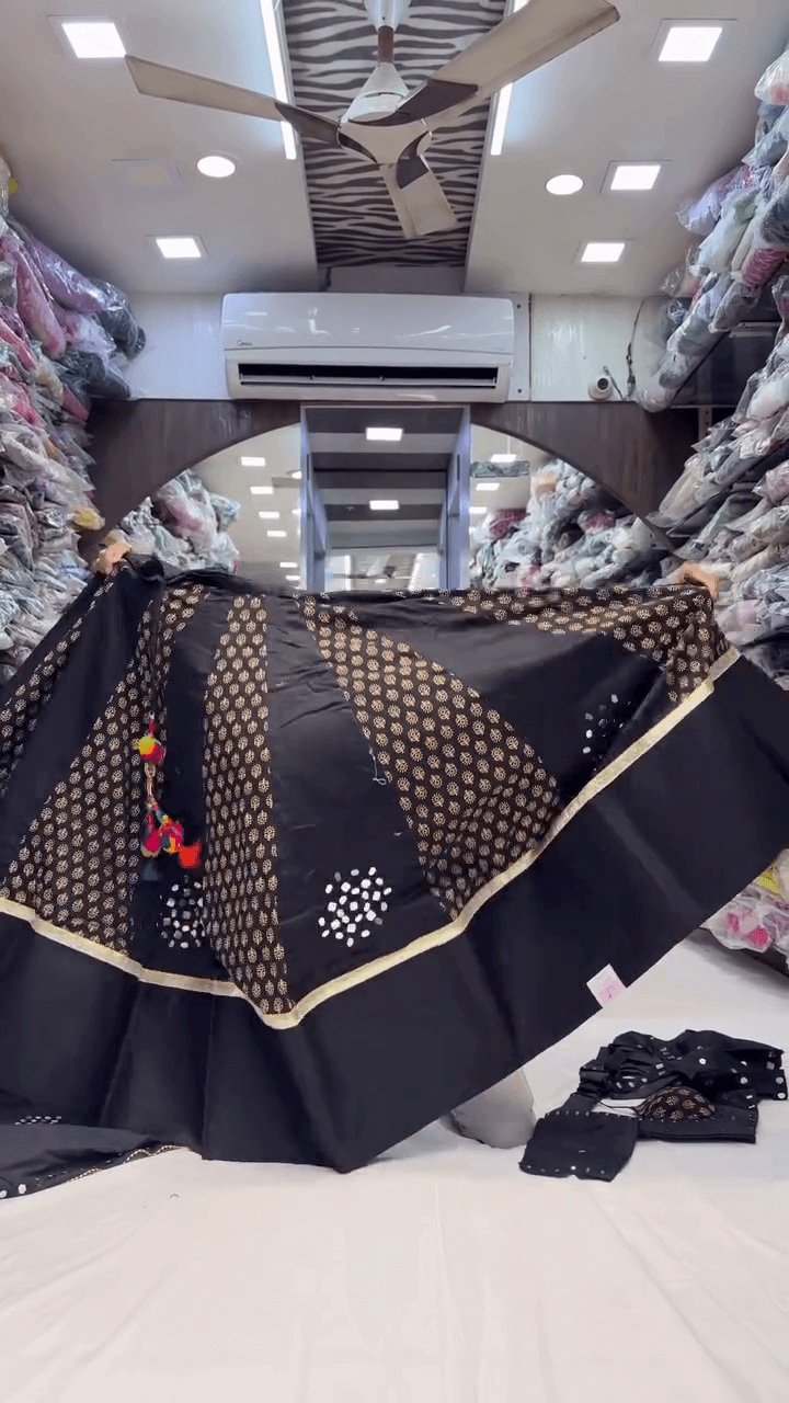 Bold Black Mirror Work Choli Set Featuring Printed Bust Cups and Stylish Cut-Out Neckline – Perfect for Fusion Wear, Navratri, and Festive Celebrations