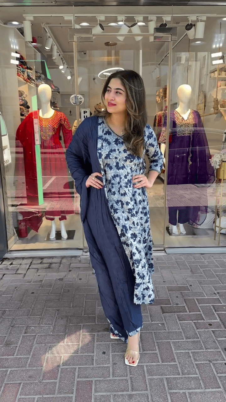 Chic Blue and White Floral Printed Kameez with Navy Overlay and Comfortable Fit for Effortless Style