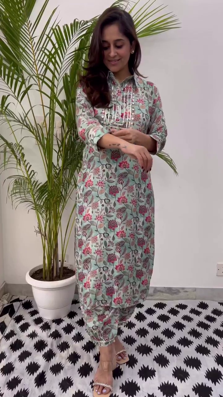 Elegant Mint Green Floral Printed Cotton Kurta Set for Women with Silver Coin Detailing, Mandarin Collar, and Tapered Pants – Perfect for Casual and Festive Occasions