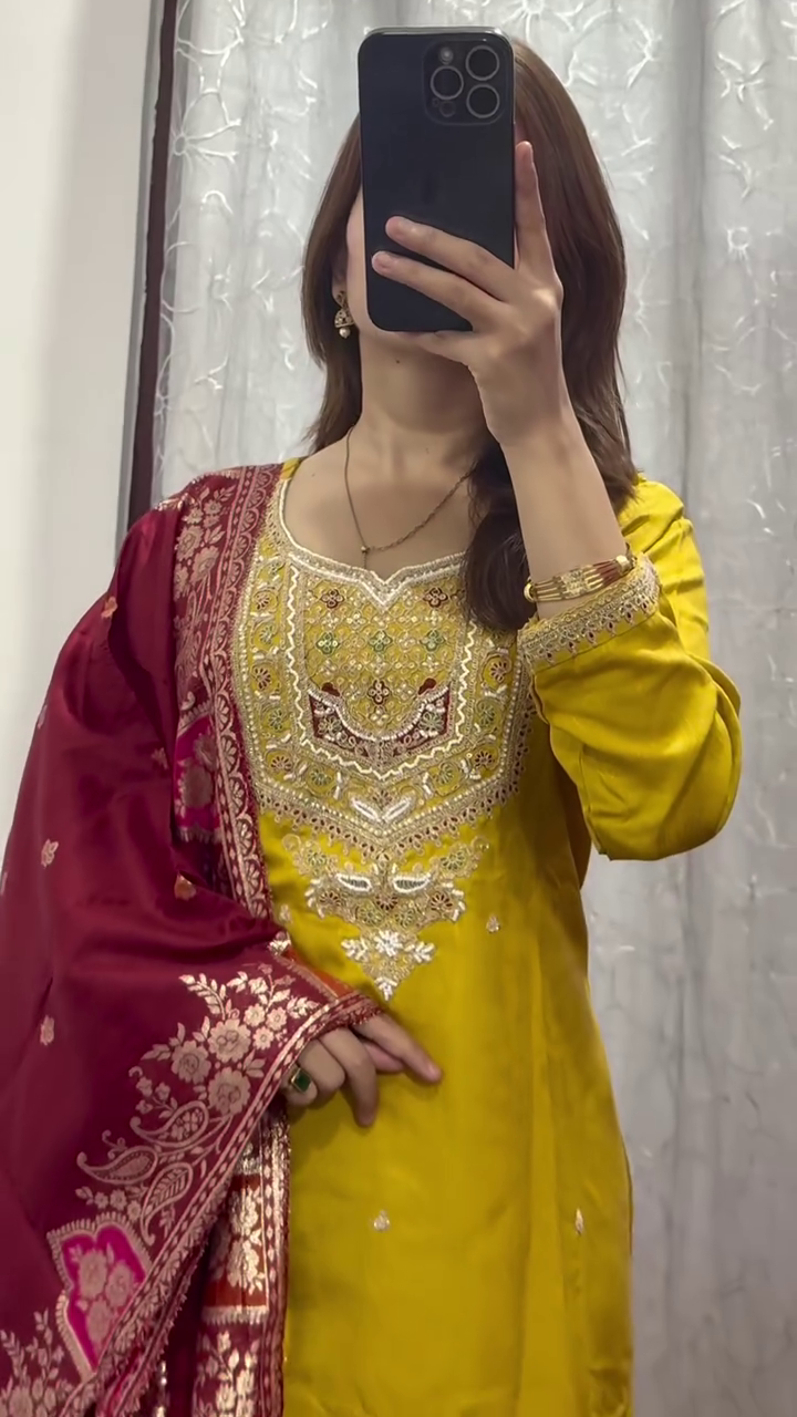 Festive Mustard Yellow Silk Suit Set with Heavy Mirror & Thread Embroidery – Paired with Rich Maroon Banarasi Dupatta
