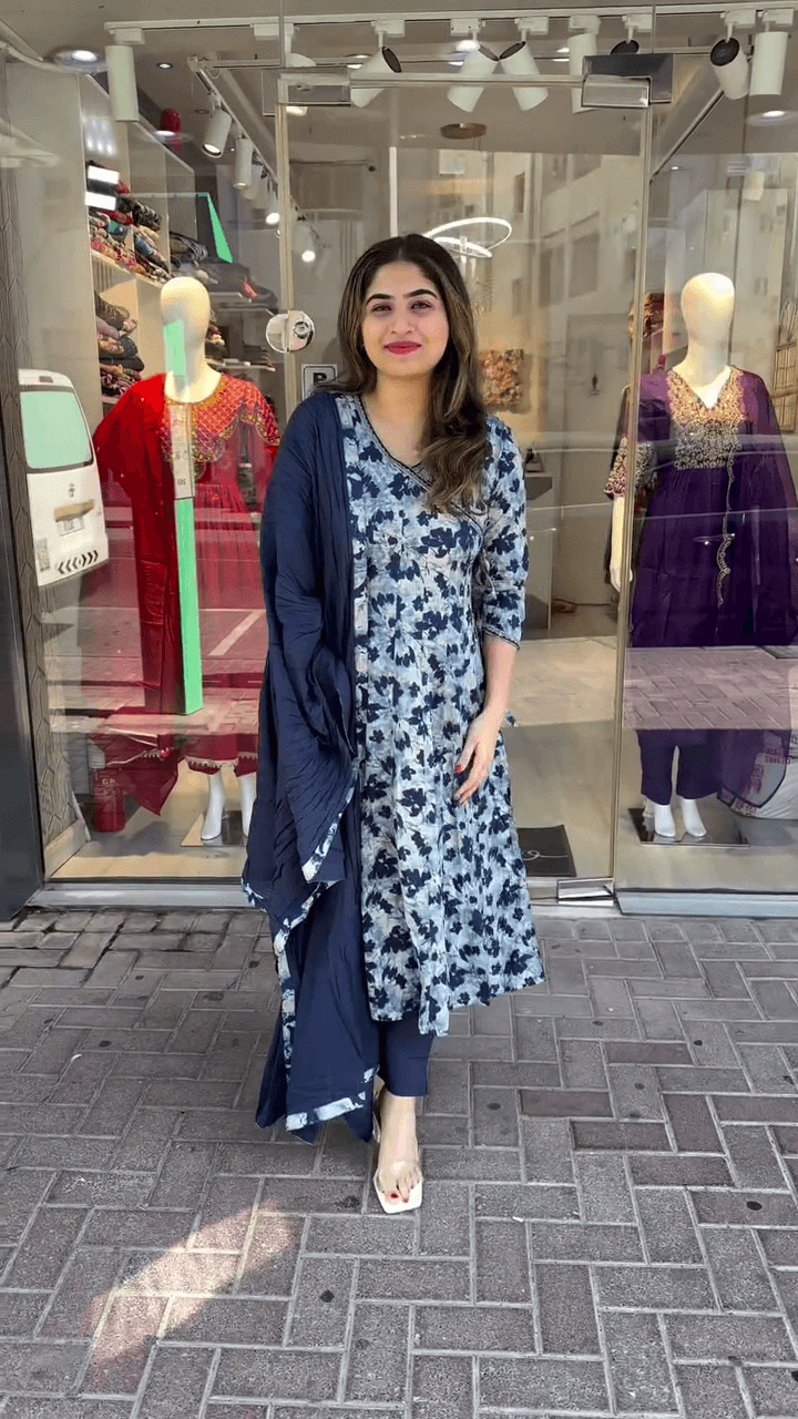Chic Blue and White Floral Printed Kameez with Navy Overlay and Comfortable Fit for Effortless Style