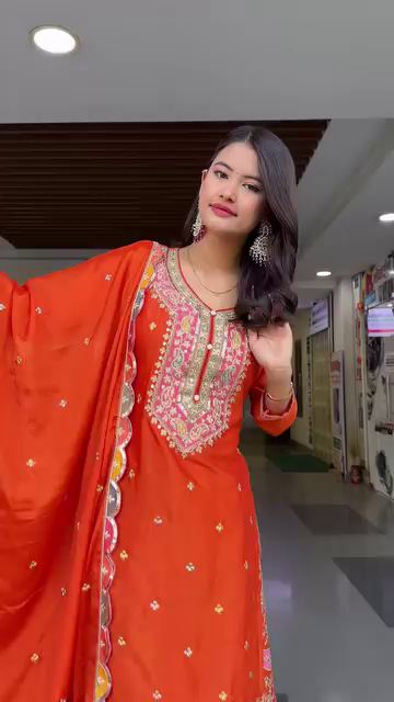 Designer Orange Georgette Embroidered Sharara Suit Set Featuring Intricate Mirror and Thread Work with Heavy Flared Sharara Bottom and Matching Embellished Dupatta – Ideal for Festive, Wedding, and Traditional Occasions