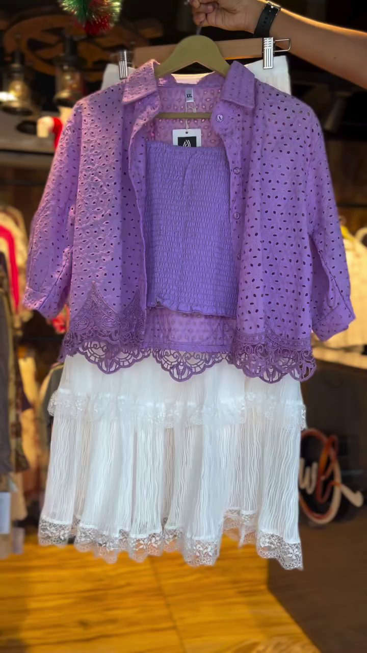 Elegant Lavender Embroidered Cotton Shirt with Smocked Tube Top and Layered White Pleated Lace Skirt – Three-Piece Feminine Summer Co-Ord Set for Effortless Chic Style