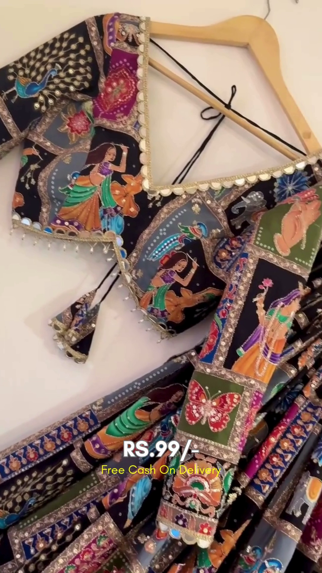 Exquisite Traditional Handcrafted Lehenga Choli Set Featuring Vibrant Multicolored Folk Art Motifs with Mirror and Bead Embellishments, Enhanced with Ethnic Dance and Peacocks, Ideal for Festive Celebrations and Weddings
