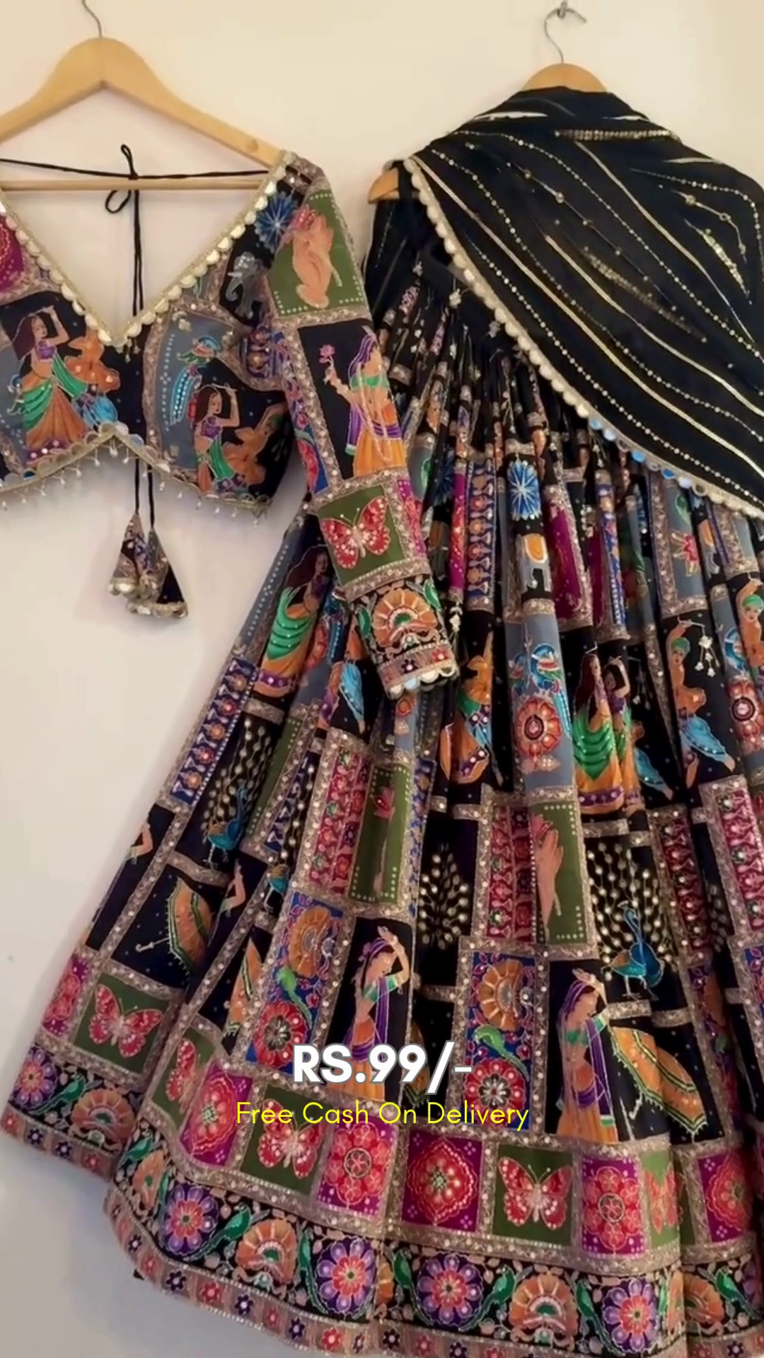 Exquisite Traditional Handcrafted Lehenga Choli Set Featuring Vibrant Multicolored Folk Art Motifs with Mirror and Bead Embellishments, Enhanced with Ethnic Dance and Peacocks, Ideal for Festive Celebrations and Weddings
