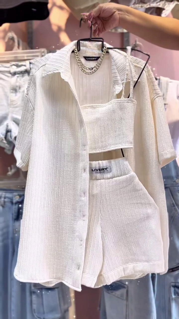 3-Piece White Co-ord Set for Women – Textured Shirt, Crop Top & Shorts with Trendy