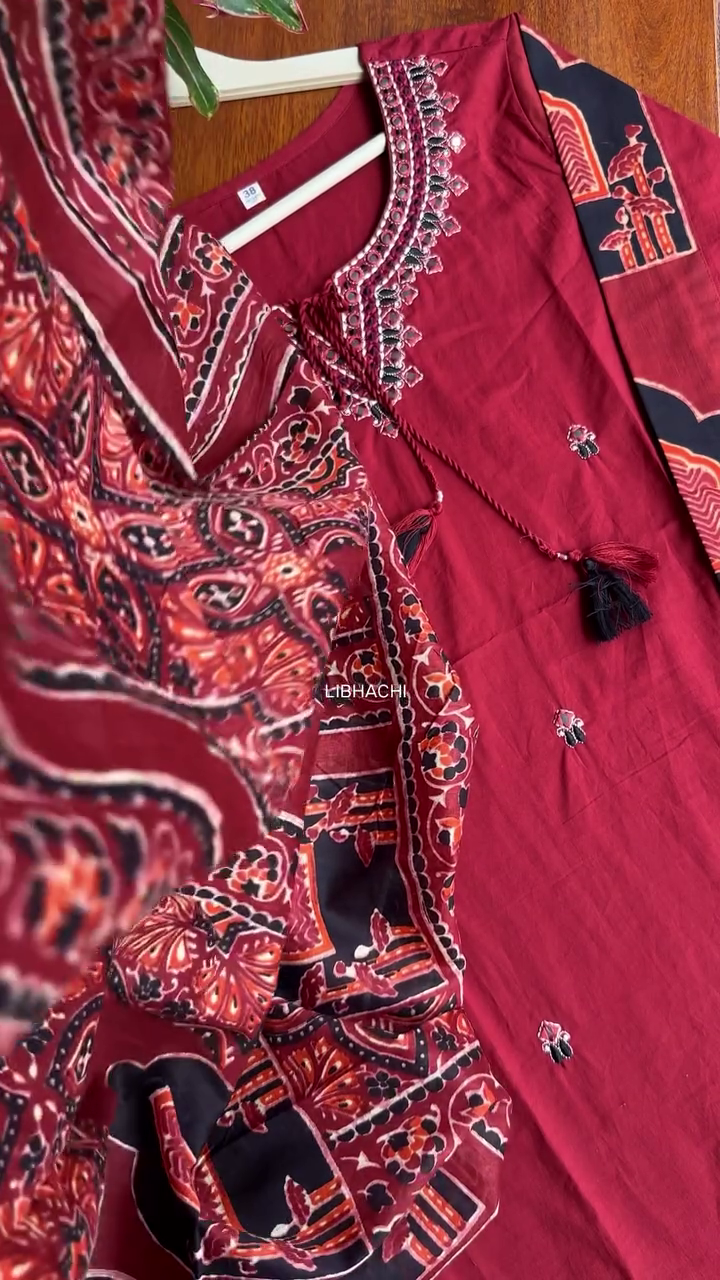 Traditional Maroon Embroidered Kurta with Mirror Work, Tassel Tie Detailing and Ajrak Inspired Printed Dupatta – Elegant Ethnic Wear for Women