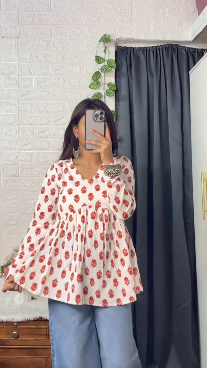 Women’s Stylish Cotton Printed Long Sleeve Peplum Kurti Top with V-Neck, Flared Hem and Floral Hand Block Prints – Casual Ethnic Fusion Wear for Office, College and Daily Outfits