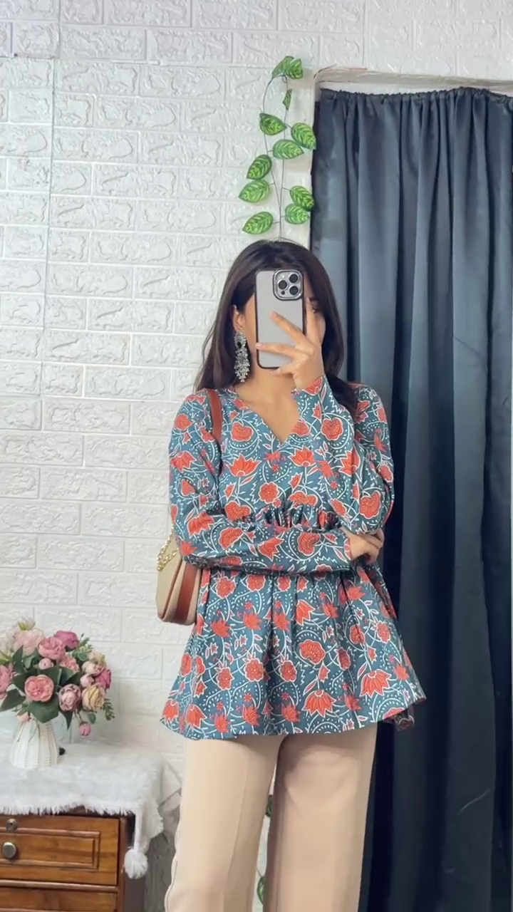 Women’s Stylish Cotton Printed Long Sleeve Peplum Kurti Top with V-Neck, Flared Hem and Floral Hand Block Prints – Casual Ethnic Fusion Wear for Office, College and Daily Outfits