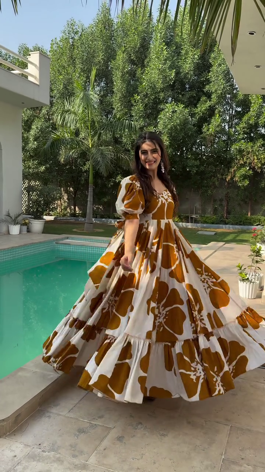 Women's Beautiful Floral Printed Puff Sleeve Maxi Ankle Length Anarkali Gown Dress