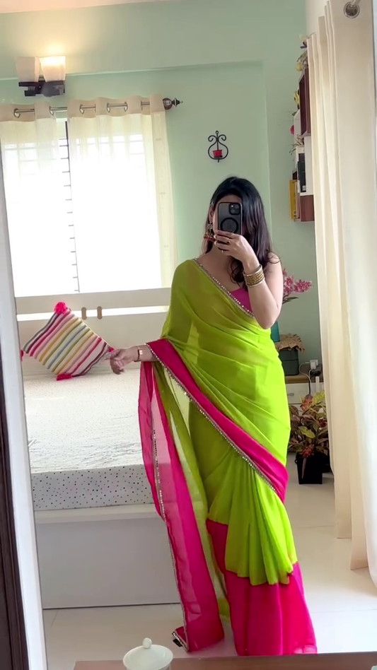 Women's Smooth Premium Fabric Georgette Stylish Double Solid Shaded Saree In Multi Colors With Blouse