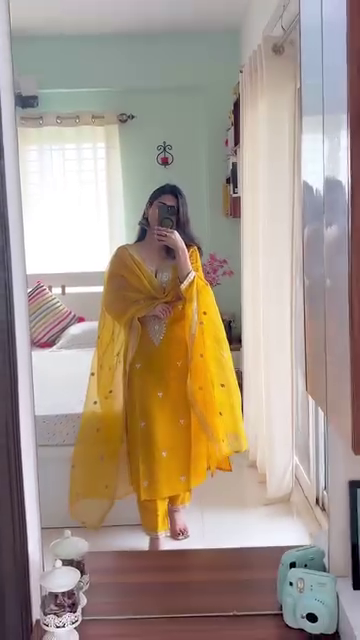 Women's Ethnic Embroidered Regular A-line Kurta With Trousers & With Organza Dupatta Set