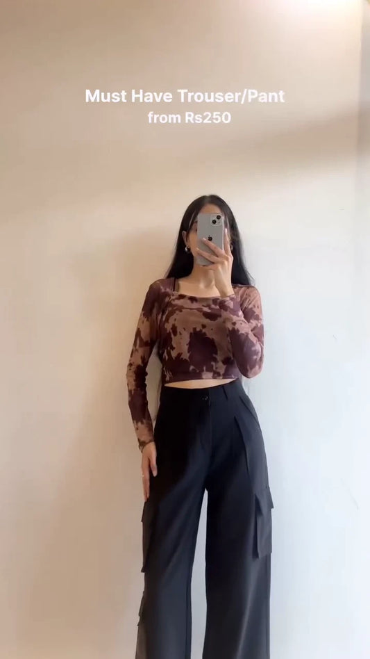 Trendy Women’s High Waist Wide Leg Trousers with Stylish Tie-Dye Crop Tops and Off-Shoulder Ruched Blouse Set – Elegant Casual and Party Wear Outfit