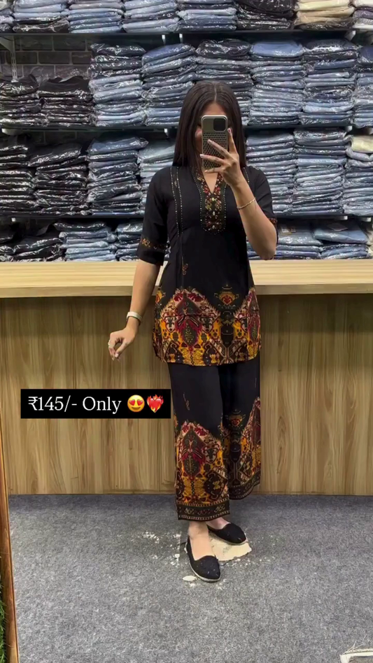 Women’s Black Printed Kurti with Matching Palazzo Pants – Casual Daily Wear Comfortable Ethnic Co-ord Set