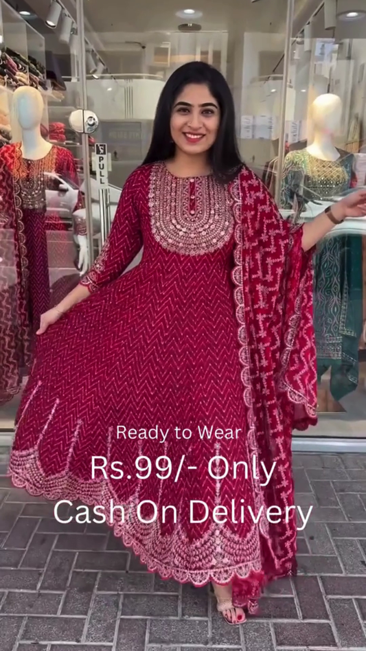 Heavy Embroidery and Mirror Work Naira Cut Floral and Gold Print Kurta with Pant and Dupatta Set