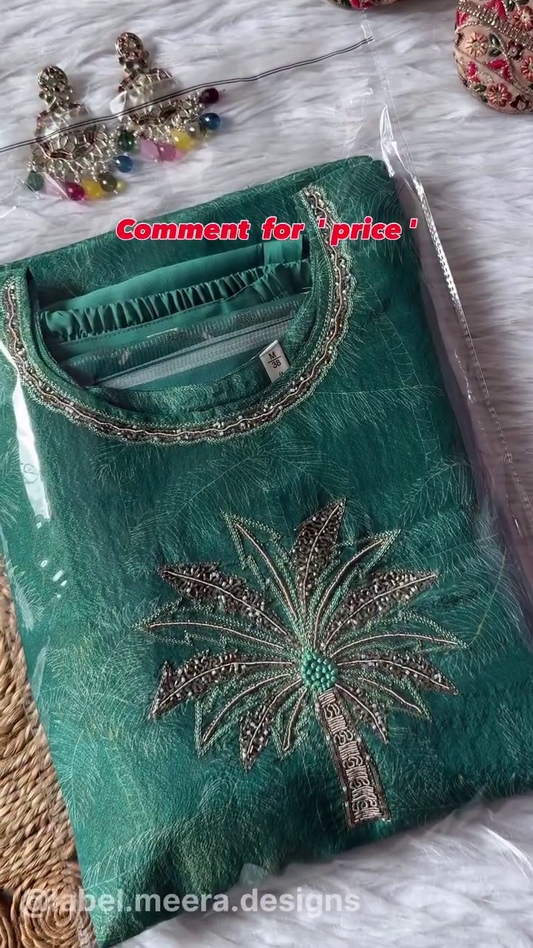Women’s Teal Green Banarasi Silk Suit Set with Embroidered Kurta, Matching Pants & Dupatta