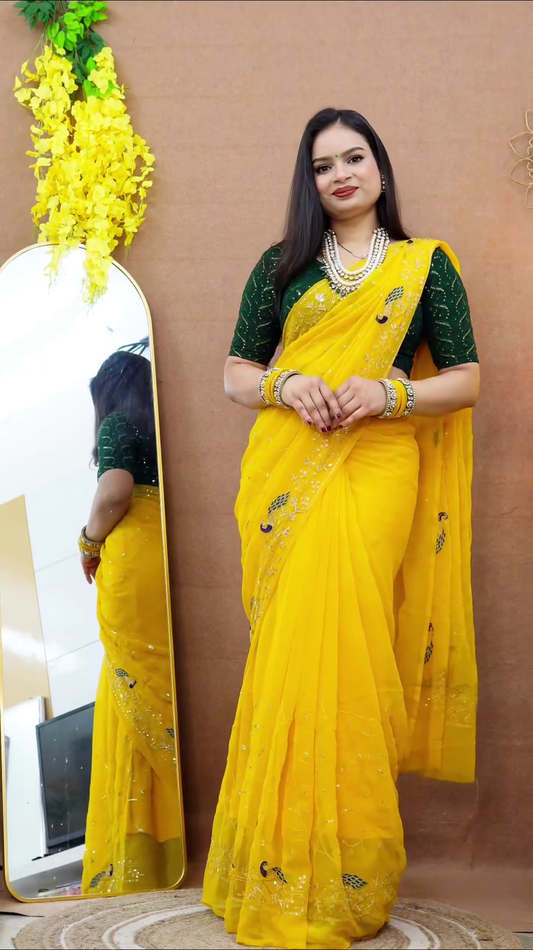 Self Design Bollywood Peacock Art Silk Yellow Saree With Embroidered Blouse