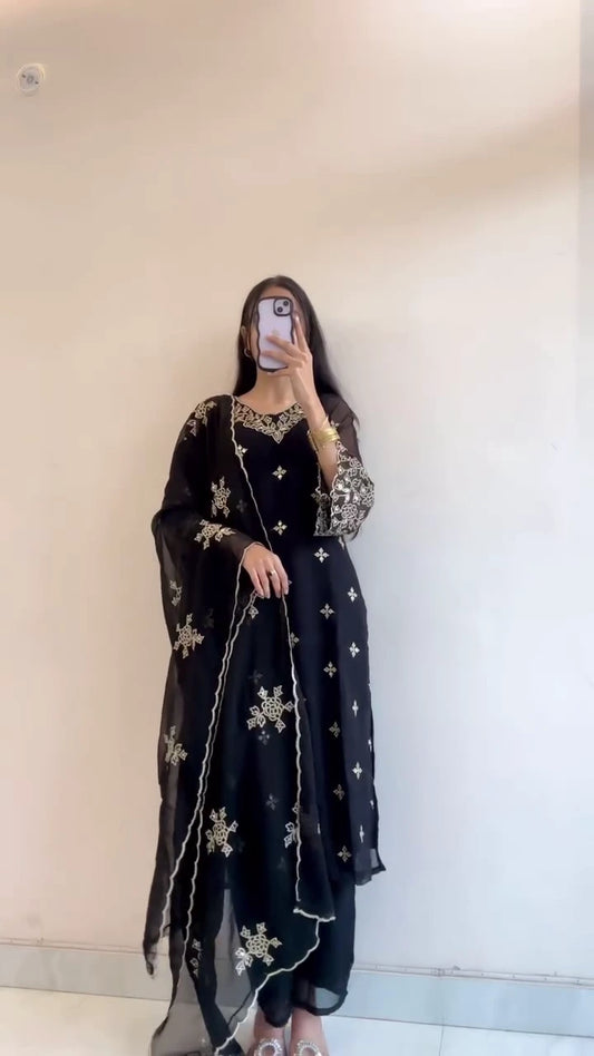 Traditional Women's Ethnic Suit Set – Black Georgette Anarkali with Golden Embroidery & Dupatta and Maroon Georgette Anarkali with Sequin Work and Matching Dupatta – Festive and Party Wear Collection