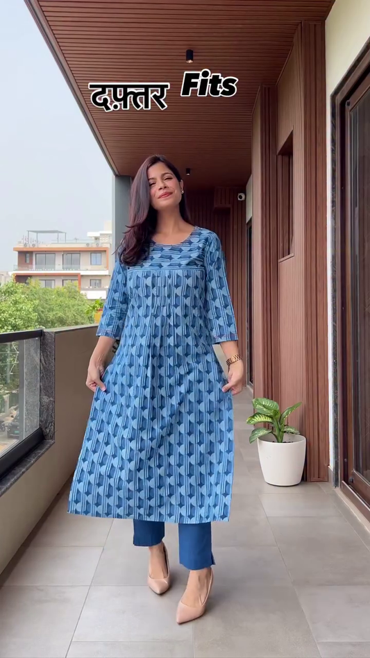Women’s Office Wear A-Line Kurta Set in Soothing Blue and Classic Black Colors Featuring Geometric Printed Design, 3/4th Sleeves