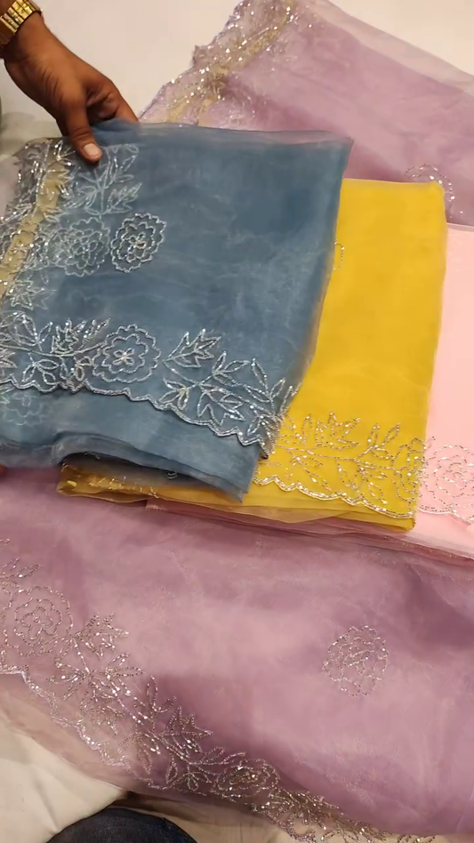 Party Wear Pure Fabric Organza Soft Silk Embroidery Work Saree With Blouse In Multi colors