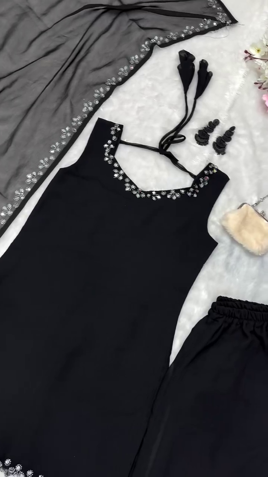 Black georgette thread sequence work party wear suit with bottom and dupatta set