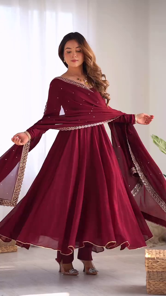 premium quality pure romansilk chanderi fabric full sleeve fully flair Embroidered Anarkali Kurta with dupatta set and pant