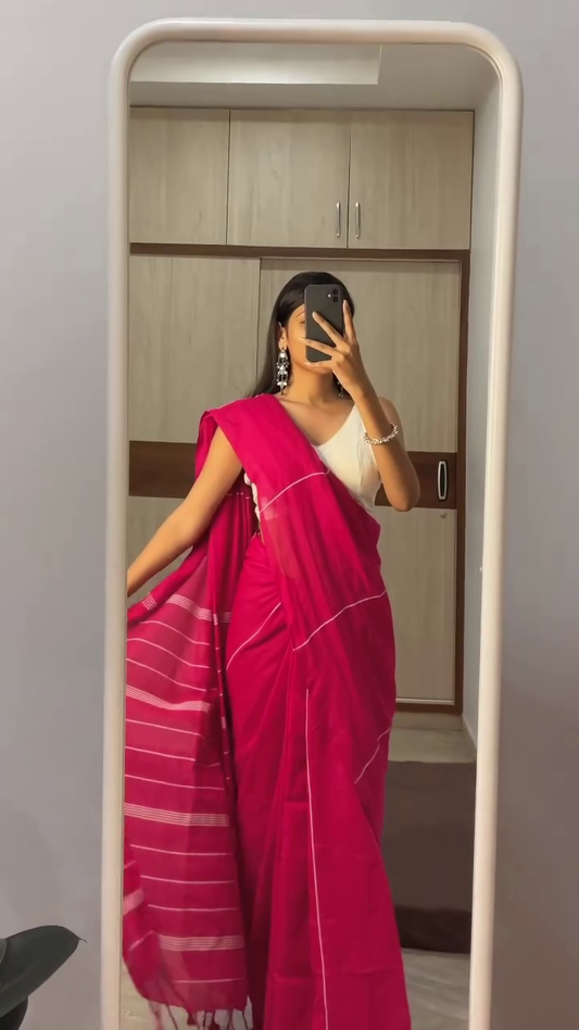 Horizontal Ghicha Striped Daily Wear Cotton Silk Khadi Saree In Multi Shades With BlouseA