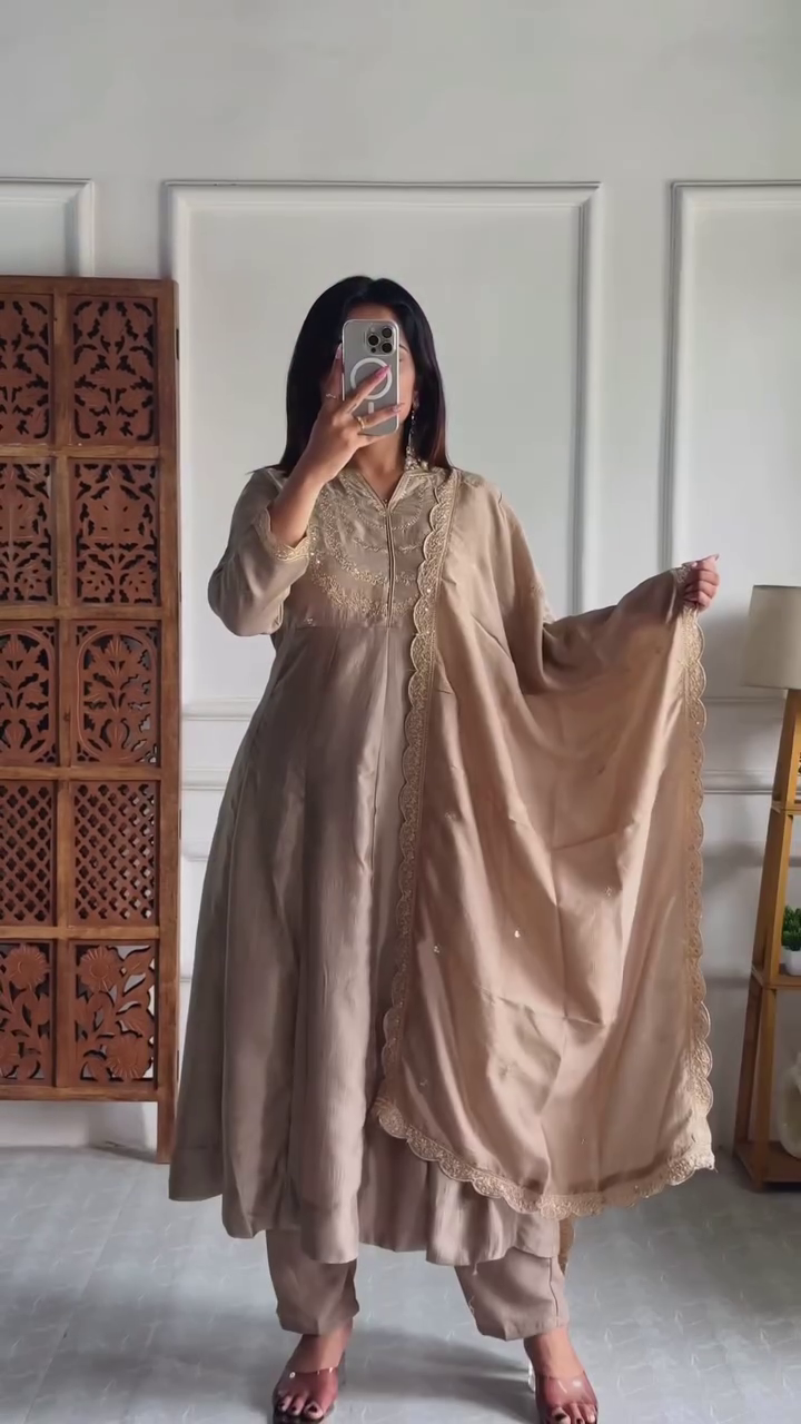 Traditional Ethnic Wear Set Beige A-Line Kurta with Embroidered and Lace-Edged Dupatta Paired with Classic Pants and Straight Kurta Ensemble Adorned with Golden Embroidery and Contrast Net Dupatta with Intricate Borders for Occasional Wear