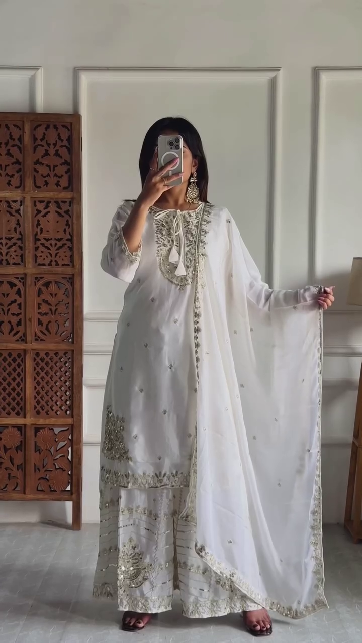 Traditional Ethnic Wear Set Beige A-Line Kurta with Embroidered and Lace-Edged Dupatta Paired with Classic Pants and Straight Kurta Ensemble Adorned with Golden Embroidery and Contrast Net Dupatta with Intricate Borders for Occasional Wear