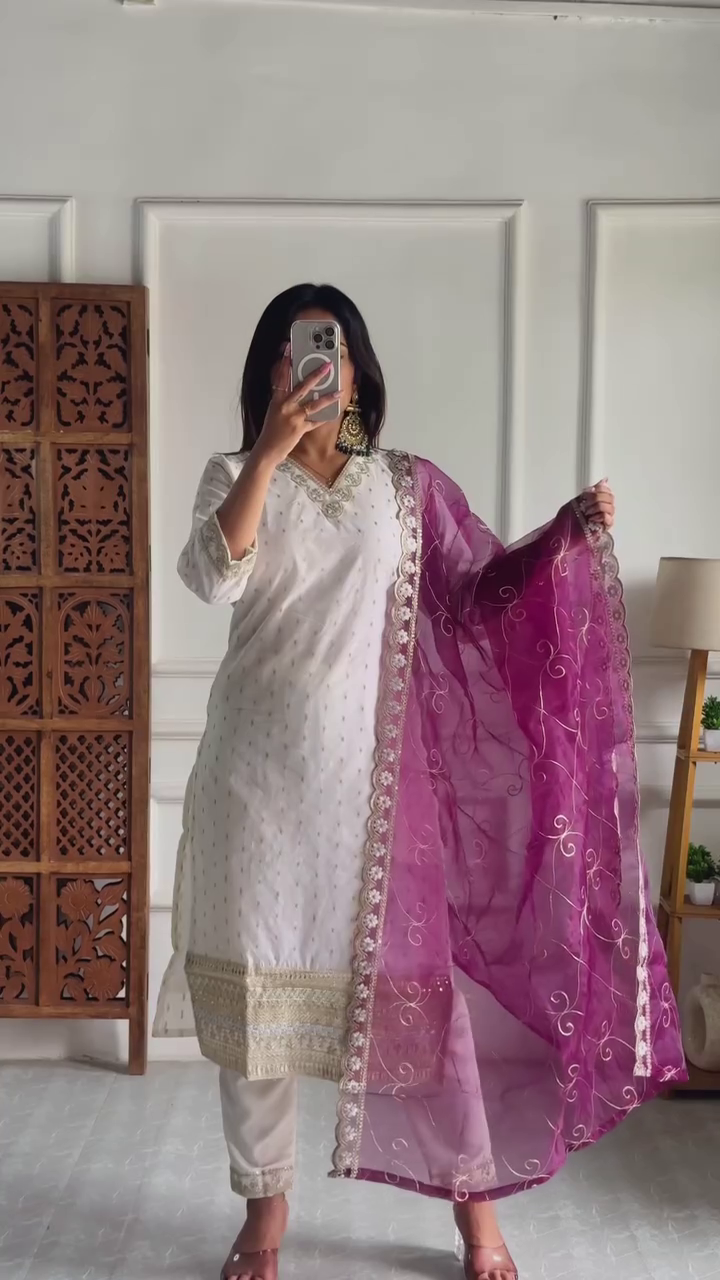 Traditional Ethnic Wear Set Beige A-Line Kurta with Embroidered and Lace-Edged Dupatta Paired with Classic Pants and Straight Kurta Ensemble Adorned with Golden Embroidery and Contrast Net Dupatta with Intricate Borders for Occasional Wear