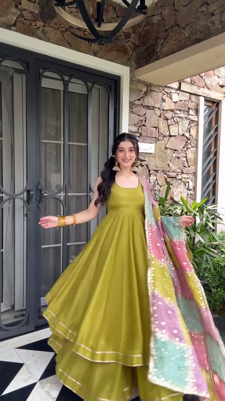 Twirl in Style: Vibrant Green & Pink Anarkali Dress for a Festive Look