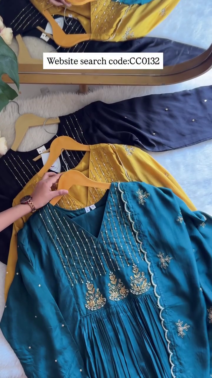 V-neck Pleated Kurti Set with Intricate Thread and Zari Embroidery Work, Featuring Scalloped Detailing and Bead Accents in Teal, Mustard, and Black Shades – Festive and Ethnic Wear Collection