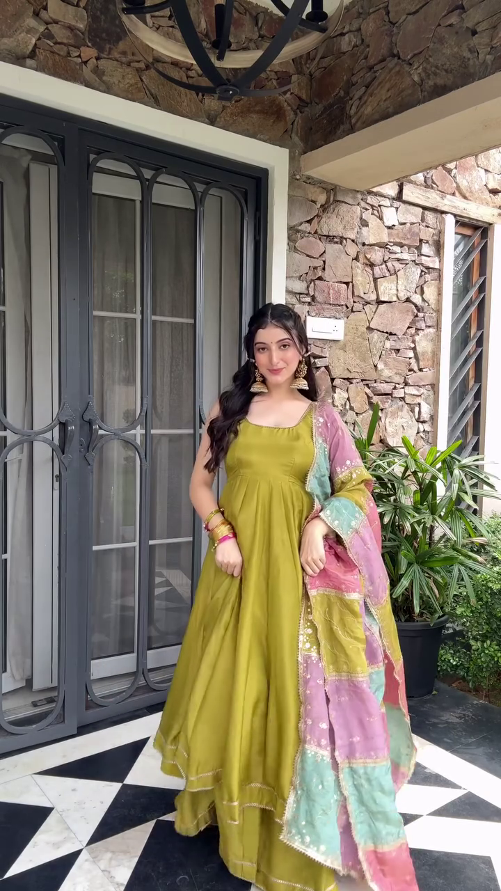 Twirl in Style: Vibrant Green & Pink Anarkali Dress for a Festive Look