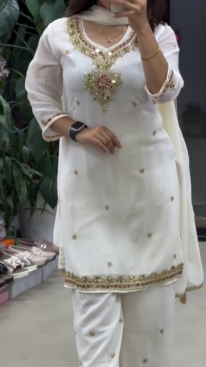 White Georgette Embroidered Straight Kurta Set with Sequins and Thread Work Detailing Paired with Matching Dupatta and Bottom for Festive and Party Wear