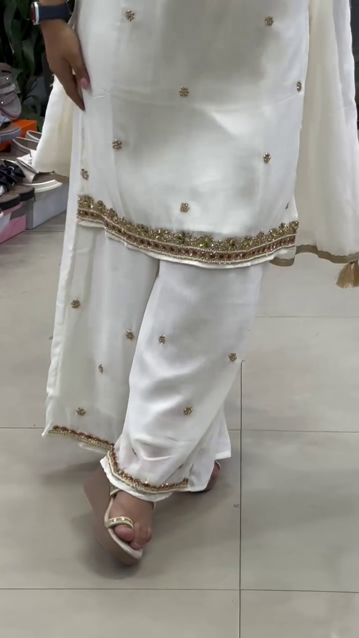 White Georgette Embroidered Straight Kurta Set with Sequins and Thread Work Detailing Paired with Matching Dupatta and Bottom for Festive and Party Wear