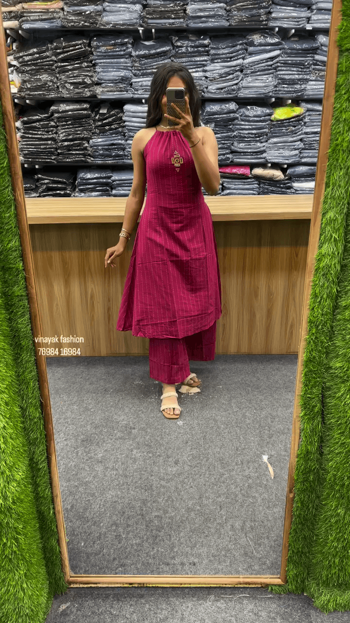 Trendy Sleeveless Halter Neck Co-Ord Set with Striped Pattern and Minimal Thread Embroidery – Available in Multiple Colors