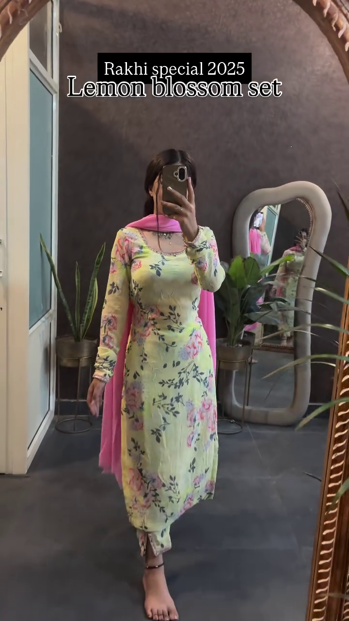Lemon Blossom Set – A Fresh and Vibrant Yellow Floral Kurti with a Pink Dupatta, Perfect for Celebrations and Festive Occasions.