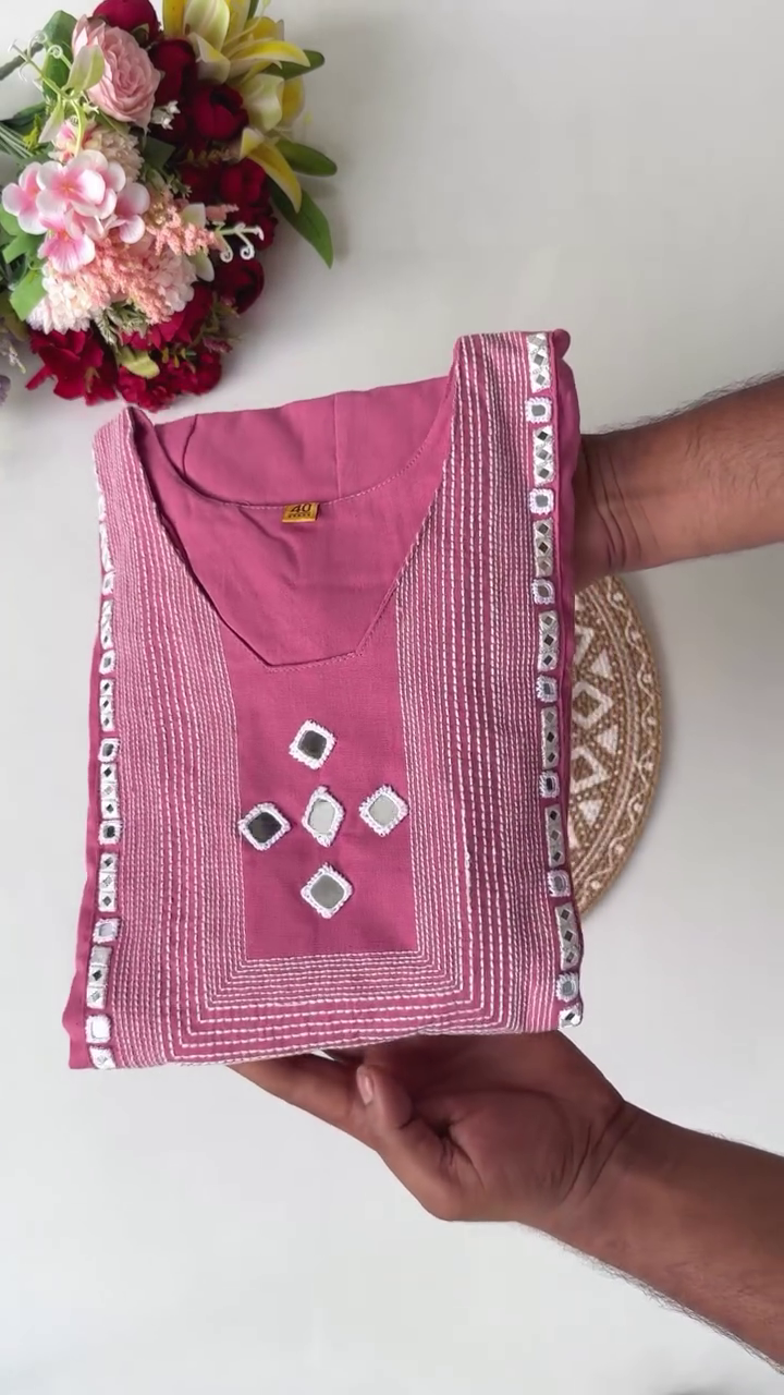 Elegant Embroidered Cotton Kurtis in Mustard and Pink with Beaded Neckline Detailing – Perfect for Everyday Wear