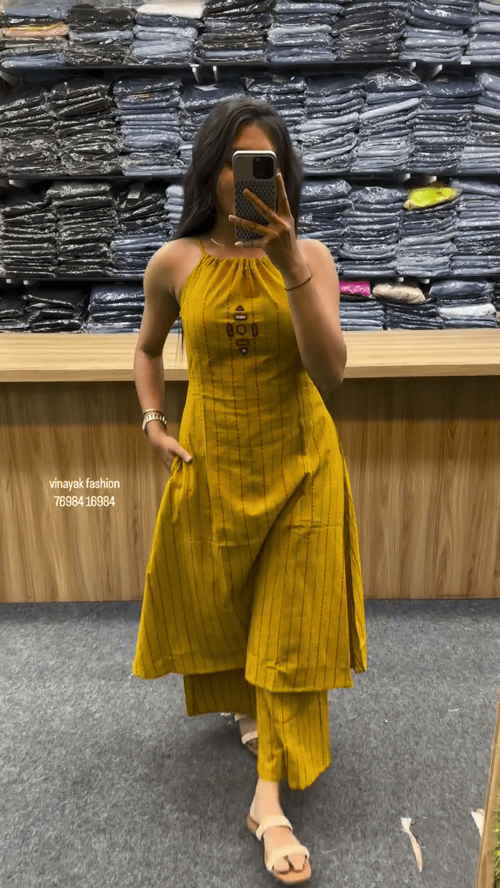 Trendy Sleeveless Halter Neck Co-Ord Set with Striped Pattern and Minimal Thread Embroidery – Available in Multiple Colors